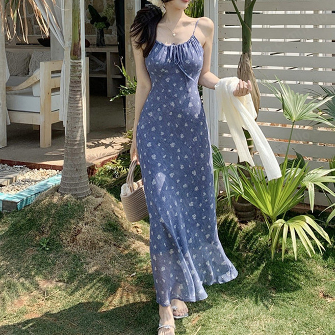cammello 블루 꽃무늬 백 스모크 셔링 쉬폰 끈나시 롱원피스 빅사이즈 휴가룩 바캉스룩