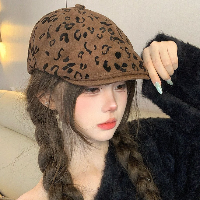 美式復古豹紋麂皮絨報童帽 女款時尚鴨舌帽 顯臉小
