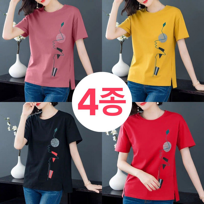 1+1+1+1 (4종세트) 캐쥬얼 여성 라운드 반팔티 여름 쿨링티셔츠 여자 티셔츠 프린팅 상의 루즈핏 빅사이즈 티셔츠