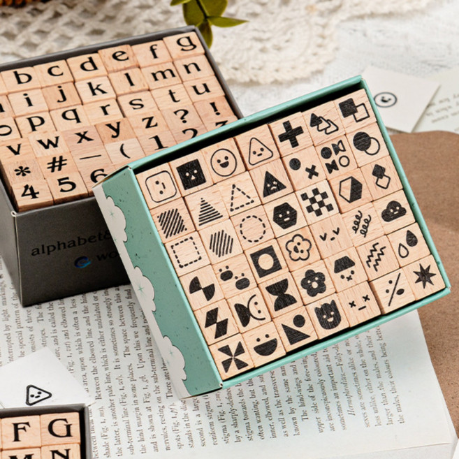 봄밤 미니 천연 원목 스탬프 세트 42pcs 다꾸, 모던기하학패턴, 1박스