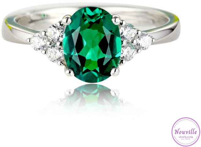 오벌 커팅 천연 에메랄드 925 실버 18K 화이트 골드 도금 반지 5월 탄생석 선물