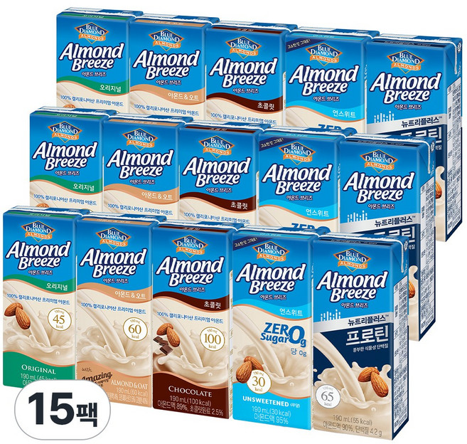 [똑똑]아몬드브리즈 5종 3개씩 (총15개) 아몬드브리즈 오리지널3+오트3+초콜릿3+언스위트3+프로틴3