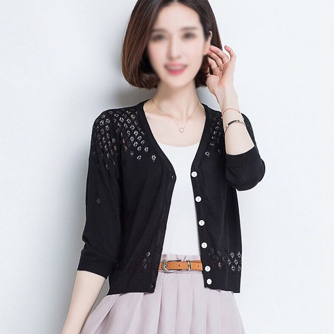 따봉오빠 여름 가을 간절기 자수 니트 중년 여성 7부 가디건 RDB113