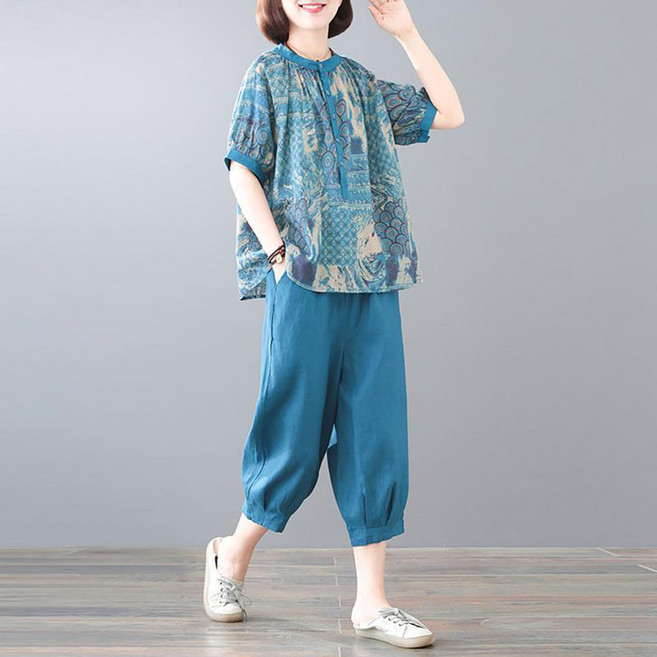 지고다그 여성 여름 면마 반팔 상하의 세트 빅사이즈 프린트 캐주얼 투피스 엄마룩 편한 데일리룩 YZH72508