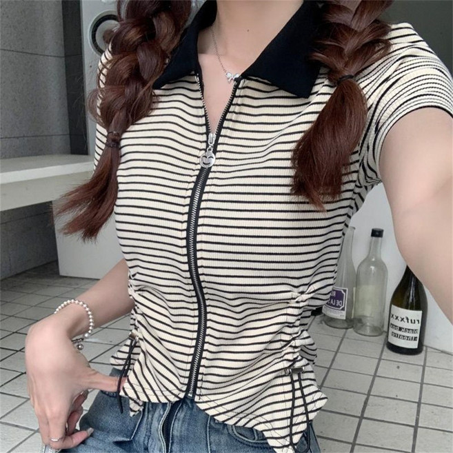 Vezri 폴로 칼라 드로우스트링 반팔 티셔츠 여성용 빅사이즈 캐주얼