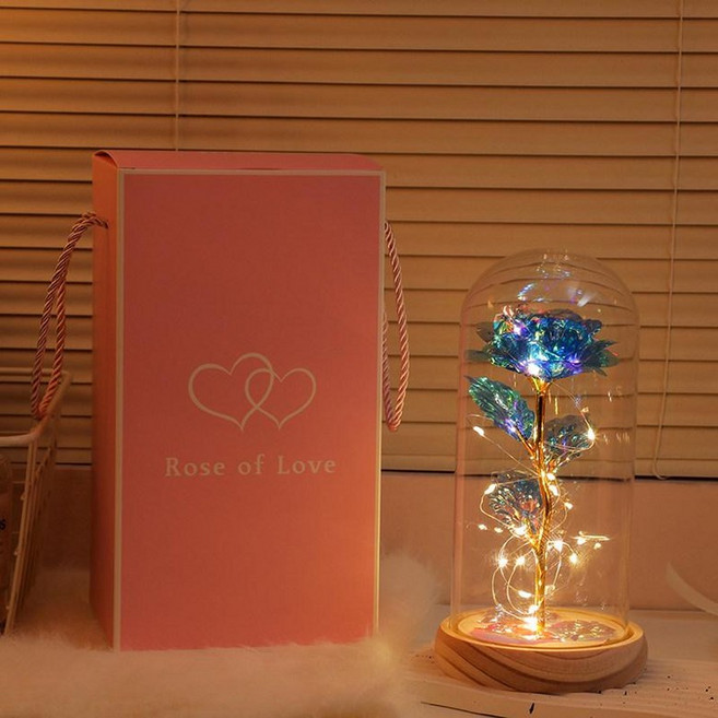 유리돔 무드등 플라워 장미조명 LED 기념일선물 침실, 대형 블루 골드 [우드베이스]+핑크 선물 상자