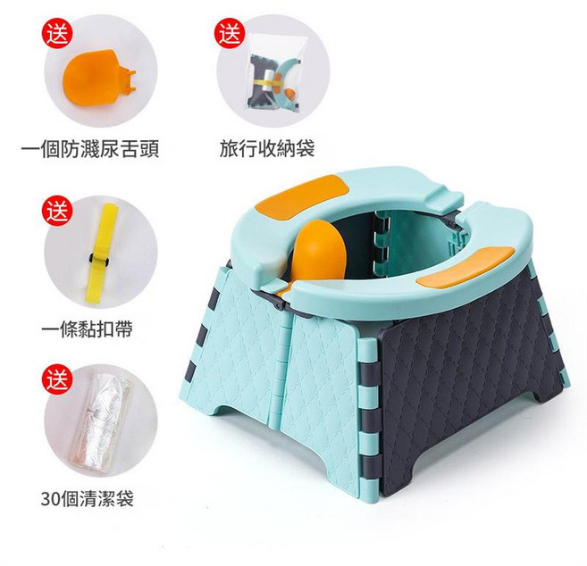 行動式兒童馬桶 車載便攜, 藍灰贈收納袋一個防濺尿舌頭30個清潔袋一根粘扣帶, 1個