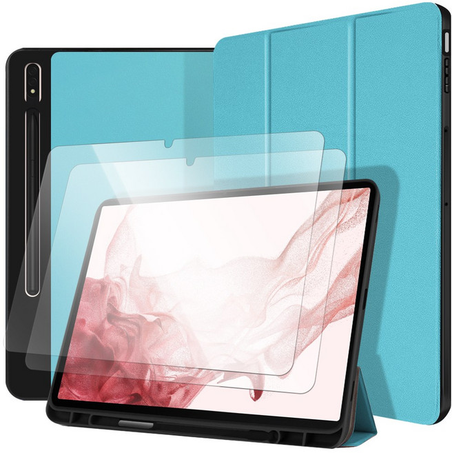 더조은셀러 갤럭시탭 S펜 수납 스마트커버 케이스+강화유리 필름 2개, 스카이블루, 1개