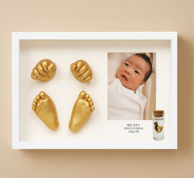 아기 손발조형물 액자 풀세트/손도장 발도장 탯줄보존, 골드물감/손발조형물10종+탯줄+액자(A4백색)