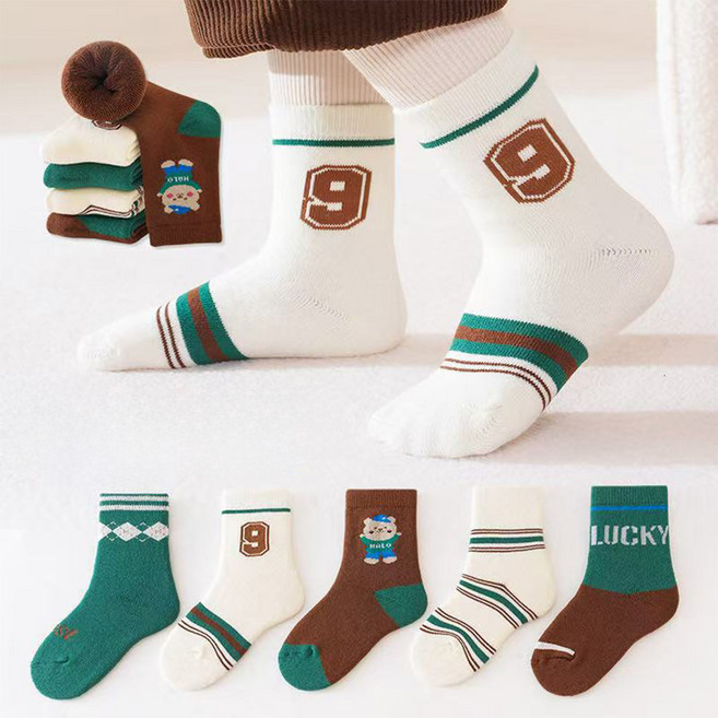 워더미 아동용 도톰 기모 겨울 방한 중목양말 5켤레 D1017