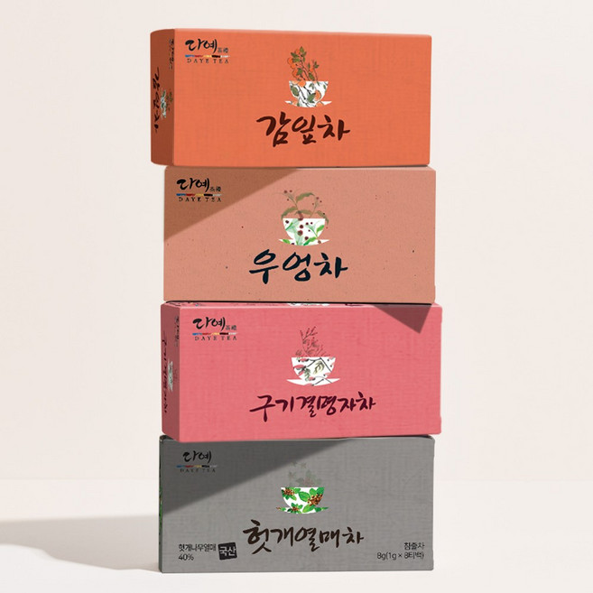 [본사직영] 다예100% 국산 건강한 굿모닝 티타임 4종(감잎차8T+우엉차8T+구기결명자차8T+헛개열매차8T), 1개, 32개입, 24.8g
