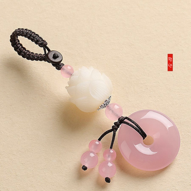 천연 옥/마노 보리 연꽃 평안 키링 | 커플 자동차 열쇠고리 & 가방 걸이
