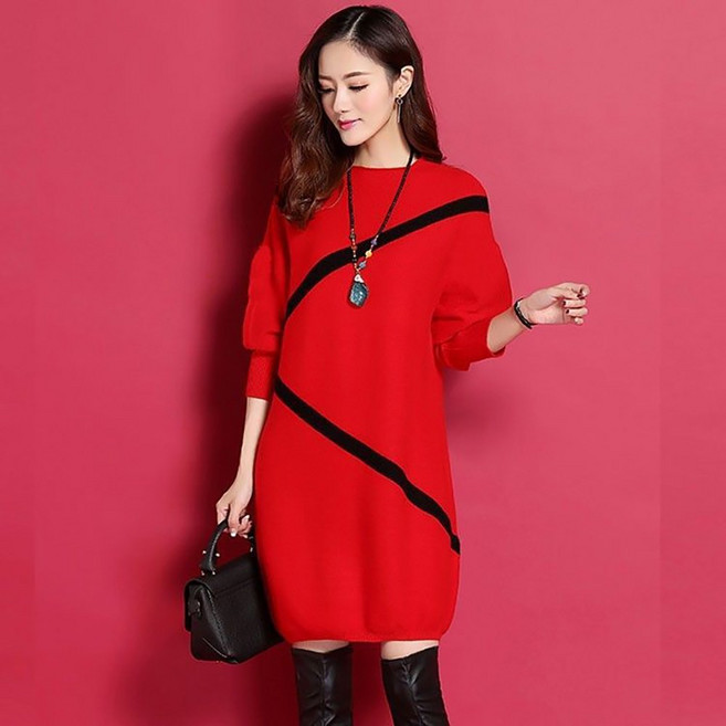 VVRR 가을 겨울 여성용 패션 라운드넥 슬림핏 니트 원피스 A0112913