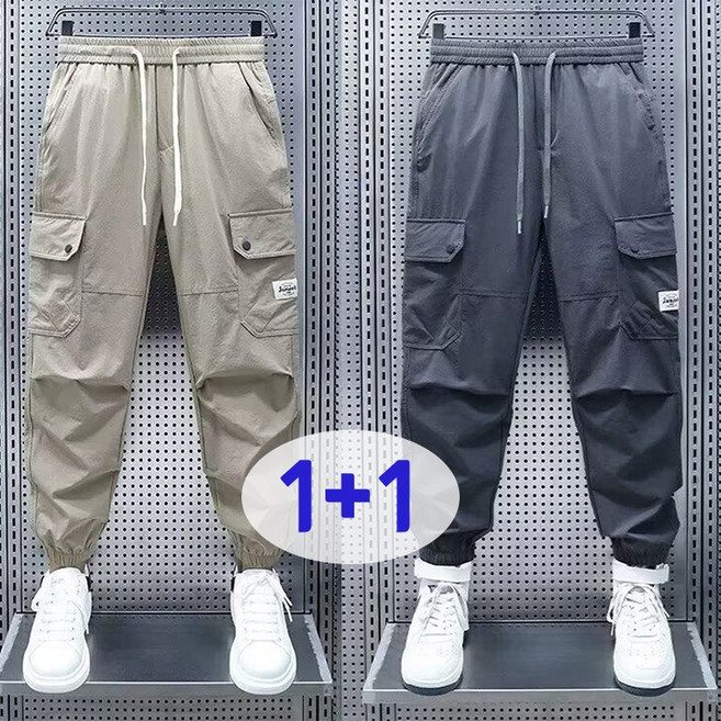 JUSTFEELING 1+1 남성 조거팬츠 데이릴 멀티포켓 캐주얼 카고바지 허리밴딩 데일리 밴딩 와이드 9부 운동바지