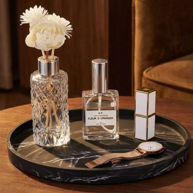 생활해랑 다용도 원형 실리콘 트레이 인테리어 수납 오브제, 마블 블랙