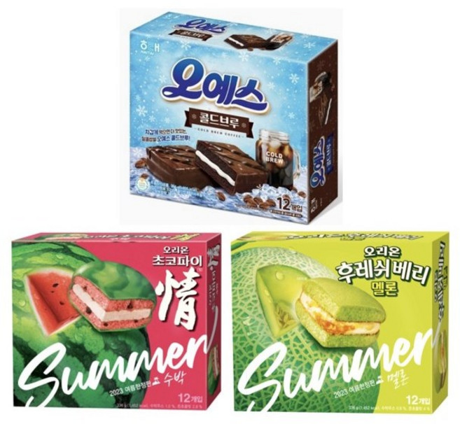 차갑게 먹으면 더 맛있는 여름 한정판 3종 후레쉬베리 멜론 372g+초코파이 정 수박 336g+오예스 콜드브루 384g, 1세트, 1.092kg