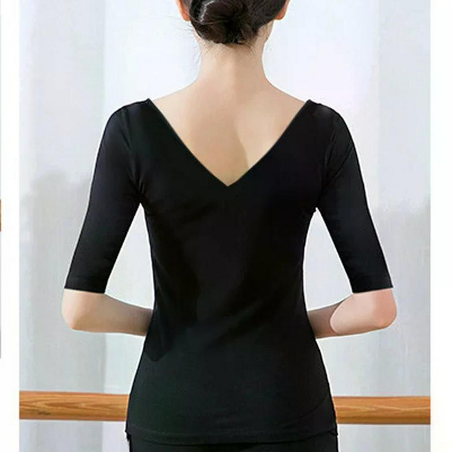 모달 5부 소매 티셔츠 여성용 더블 U 넥 오픈 백 V 요가 바디 댄스 연습복 탑