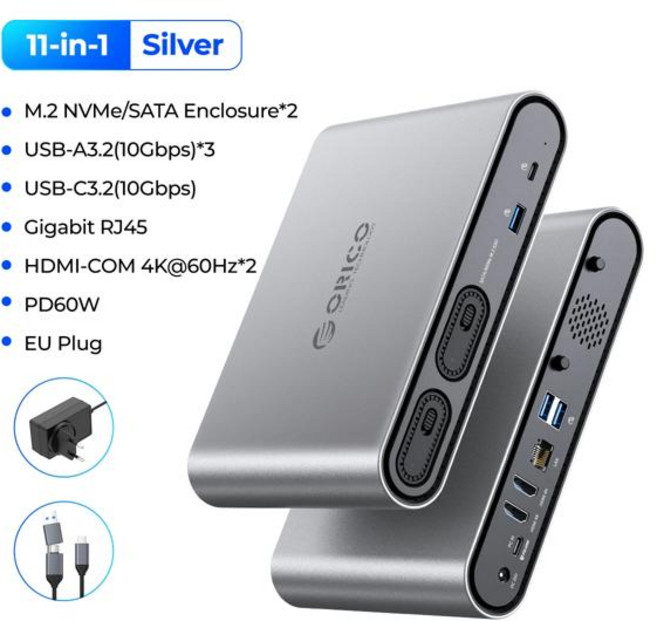 ORICO 2 베이 M.2 SSD 외장 케이스 USB3.2 도킹 스테이션 10Gbps C타입 NVMe SATA 인클로저 M2 하드 드라이브 4K60Hz 트리플 디스플레이, [02] USB3.2  (10Gbps), 1개