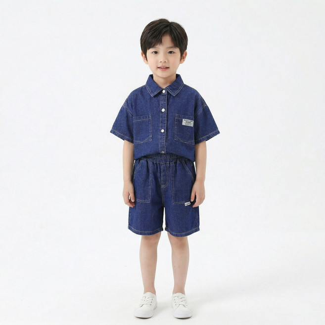 지디오 키즈 공용 데님 투피스 세트 반팔 셔츠 밴딩 반바지 남아 여아 여름 상하복