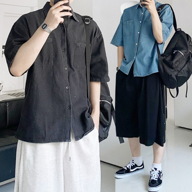 고퀄리티 여름 오버핏 데님 코튼 반팔셔츠