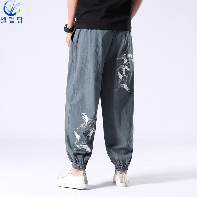 셀럽당 리넨 조거 9부 팬츠 남 빈티지 선학 자수 하런닝 와이드 빅 사이즈 남자 바지