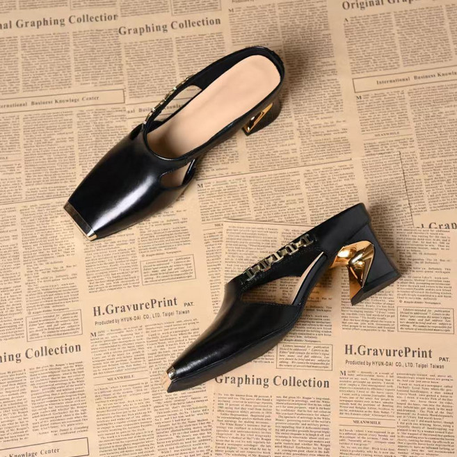 여성 가죽 힐 슬리퍼 뮬 샌들 스트랩 5cm love