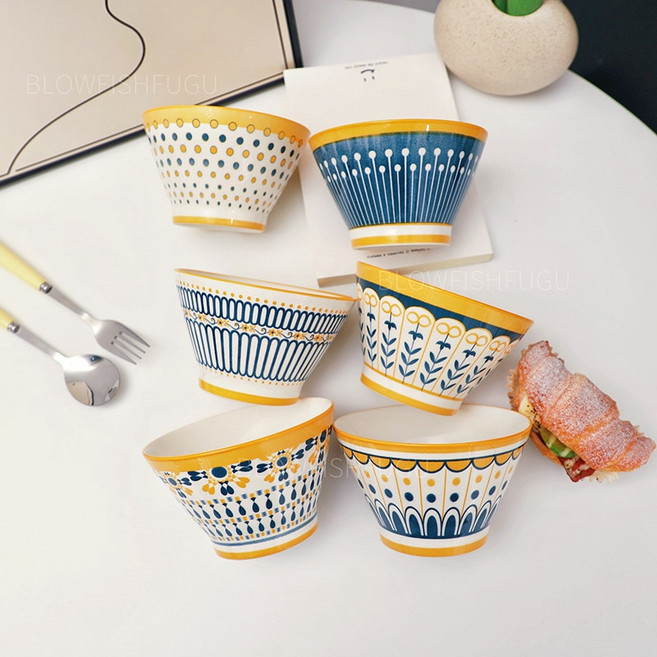 MorningSea 북유럽 도자기 삿갓 그릇 예쁜 밥공기 반상 기세트, 1세트, 밥그릇6p, 옐로우