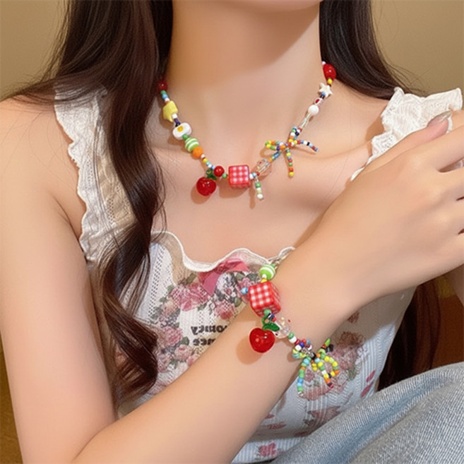 여성 Y2K 패션 비비드 키치 레트로 바캉스 비즈 목걸이 팔찌 세트 A2203