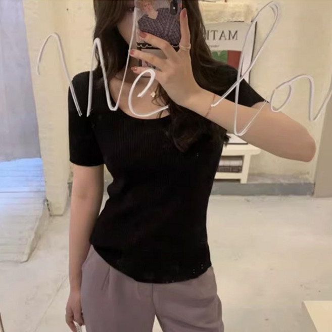 라라홀리 슬림핏 데일리 골지 라운드넥 이너탑 반팔 니트