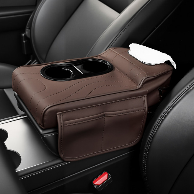 차량용 팔걸이 콘솔쿠션 자동차 티슈케이스 컵홀더 사이드포켓, 1개, 갈색