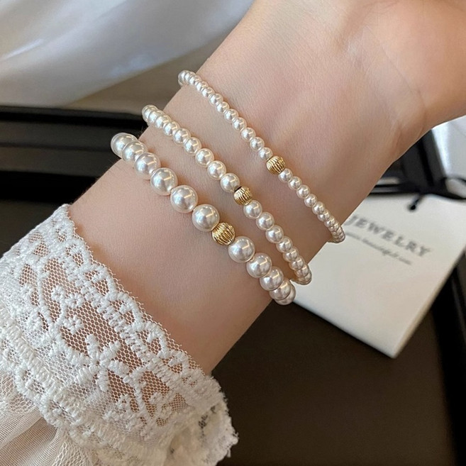 웰리나 1+1+1 진주 금볼 팔찌 3종 세트 4mm 6mm 8mm 14k 도금 핸드메이드 팔찌