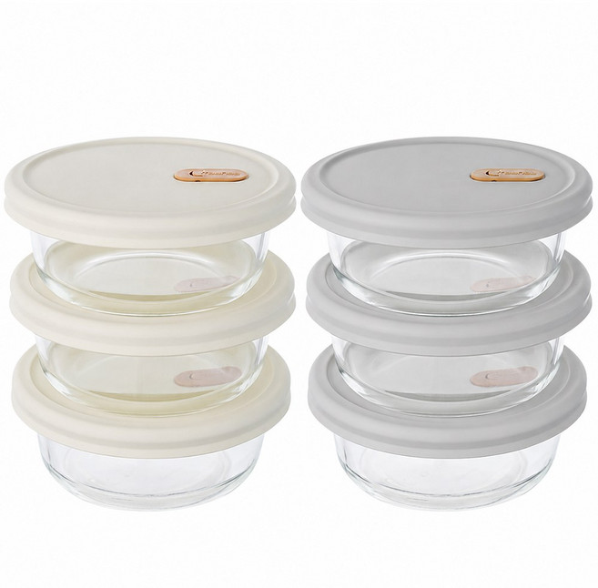 잇센스 6P 냉동밥용기 전자레인지 내열유리 실리콘뚜껑 360ml, 화이트3P + 그레이 3P, 6개