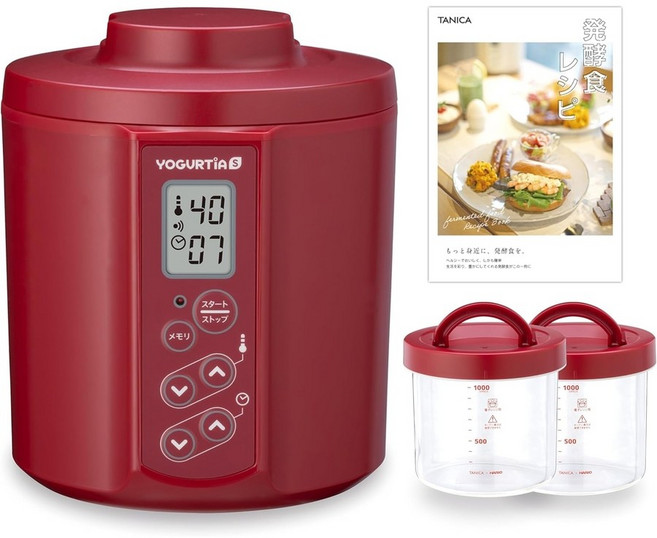타니카 요구르트 메이커 요거트 제조기 기계 하리오 유리 용기 2개 세트 YS-02G, 레드