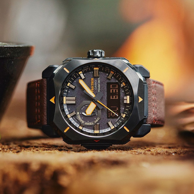 카시오 프로트렉 나침반 고도계 터프솔라 난연가죽밴드 등산 전자손목시계, 1개