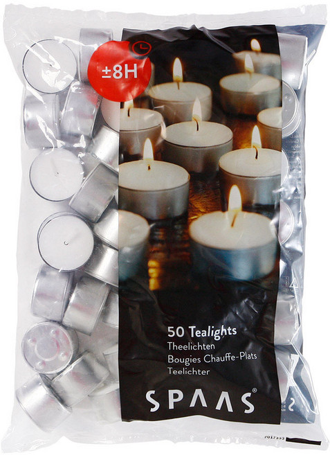 티라이트 캔들 8시간 연소 50개 비닐백 SPAAS 그을음없는 미니 양초, 무향, 24g