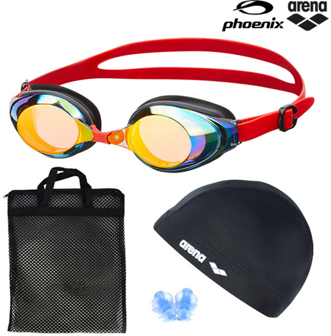 피닉스 코모도 미러수경 PN-1200M 물안경 스판수모 가방 귀마개 4종 세트, PN-1200M(레드), 1개