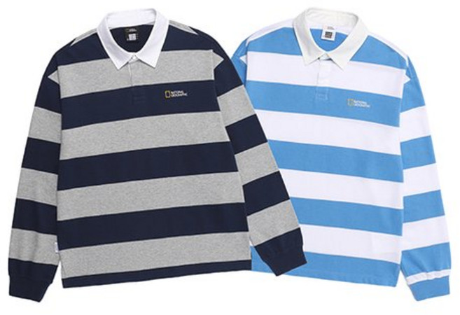 2026 내셔널지오그래픽 티셔츠 남녀공용 럭비 스트라이프 세미오버핏 긴팔 상의