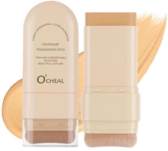 O'CHEAL 컨실러 파운데이션 스틱 2 in 1 롱래스팅 스틱 컨실러 브러시 포함 다크 서클 및 잡티를 위한 풀 커버리지 페이스 컨투어 08#옐로우 컴플렉션, 03#파우더 컴플렉션