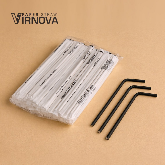【Virnova】 竹纖維 紙吸管 6x235mm 可彎吸管 黑色 平頭 獨立紙包 100入 生物可分解 環保吸管, 1包, 100支