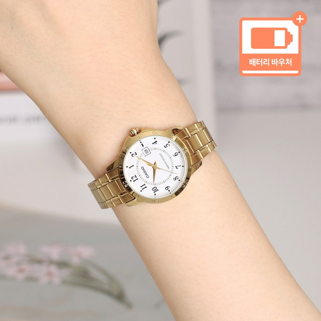 카시오 정장 클래식 날짜표시 여성 메탈 가죽 손목시계 + 배터리 바우처
