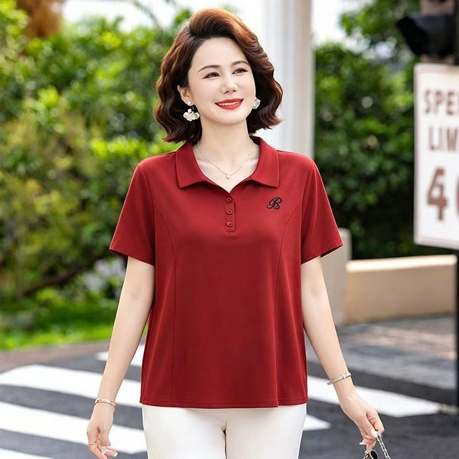 메인워크 중년 여성 빅사이즈 폴로넥 반팔 티셔츠 여름 냉장고 엄마룩 모달 솔리드 빈티지 베이직 클래식 데일리 캐주얼 루즈핏 아우터 상의