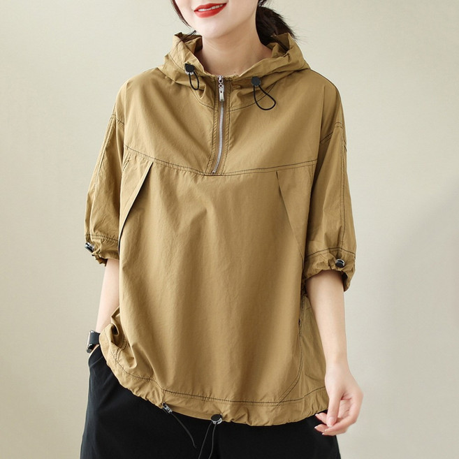 지디오 여성 반팔 후드 티셔츠 반집업 간절기 후드티 중년 아노락 반팔티