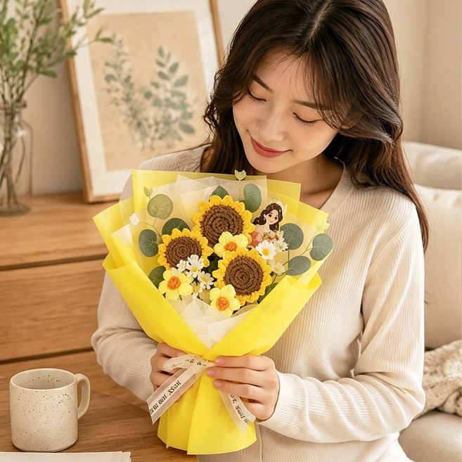 수제 뜨개 해바라기 꽃 3송이 꽃다발 졸업 시즌 선물로 동기 친구 선생님께 드리기 좋아요., 1개, 노란색