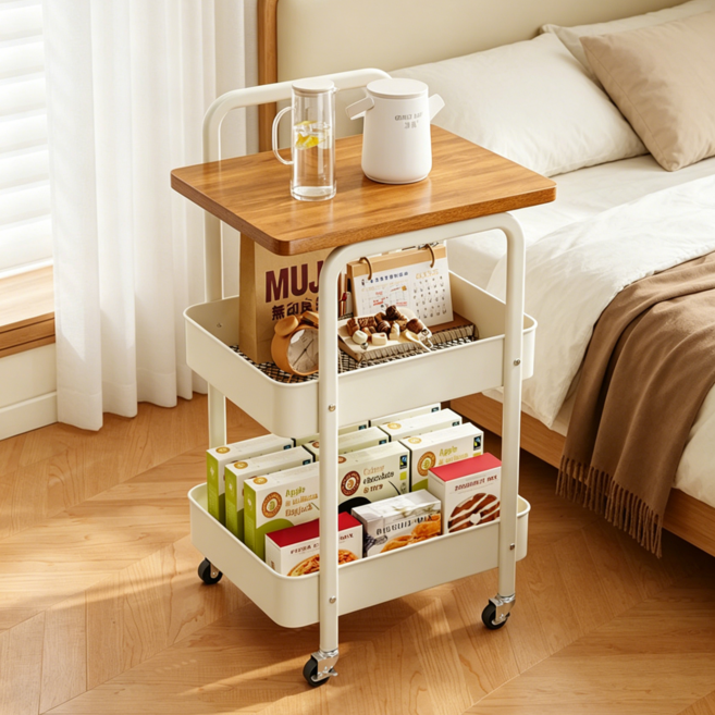 GOOD MOMENT 이동식 튼튼한 탄소강 수납 트롤리 원목 선반, 클래식 화이트
