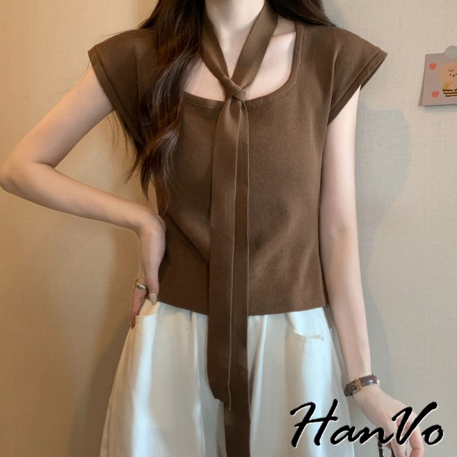 HanVo 大U領掛脖造型針織衣 時尚設計感透氣親膚韓系女裝