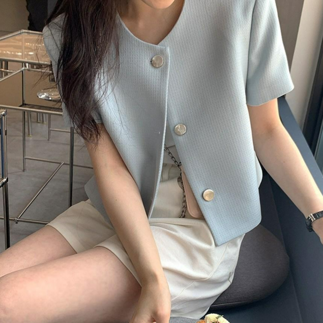 ANYOU 여성 여름 숏 자켓 골드버튼 반팔 블레이저