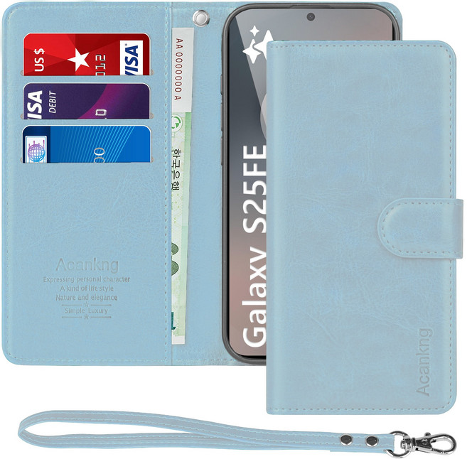 아칸크 삼성 갤럭시 S25 FE (SM-S731) 가죽 다이어리 지갑 케이스+핸드 스트랩 세트
