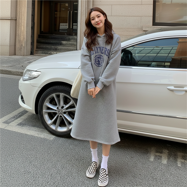 데일로엔 여성 레터링 후드 빅사이즈 롱 긴팔 원피스