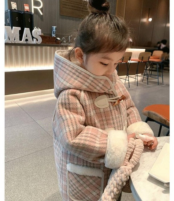슈가푸딩 키즈 핑크체크떡볶이코트 아동코트 더플코트 아동떡볶이코트 아동아우터 아동체크코트 아동후드코트
