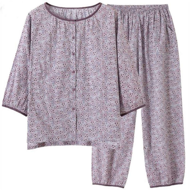 JIEVE 중년엄마옷 순면 여성용 플라워 7부 소매 봄가을 여름 컴포트 캐주얼 잠옷 투피스